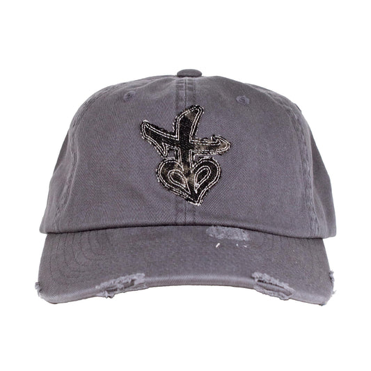 Distressed Appliqué Black Heart Cap - Grey